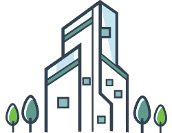 Catastrophic Property Claims Adjusters Icon of building with green trees around